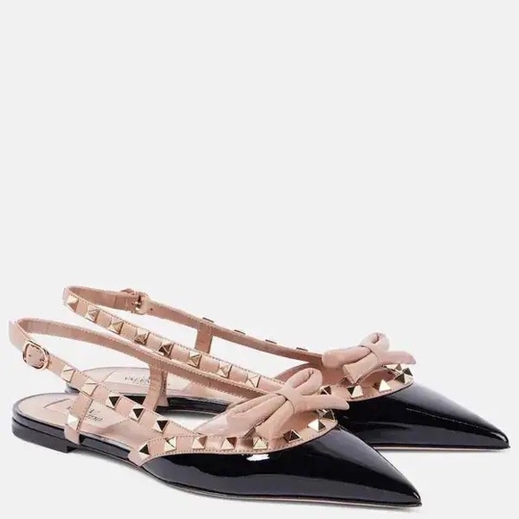 Valentino Garavani Shoes - VALENTINO GARAVANI 
Rockstud Bow Slingback Flats - Black-size 38
